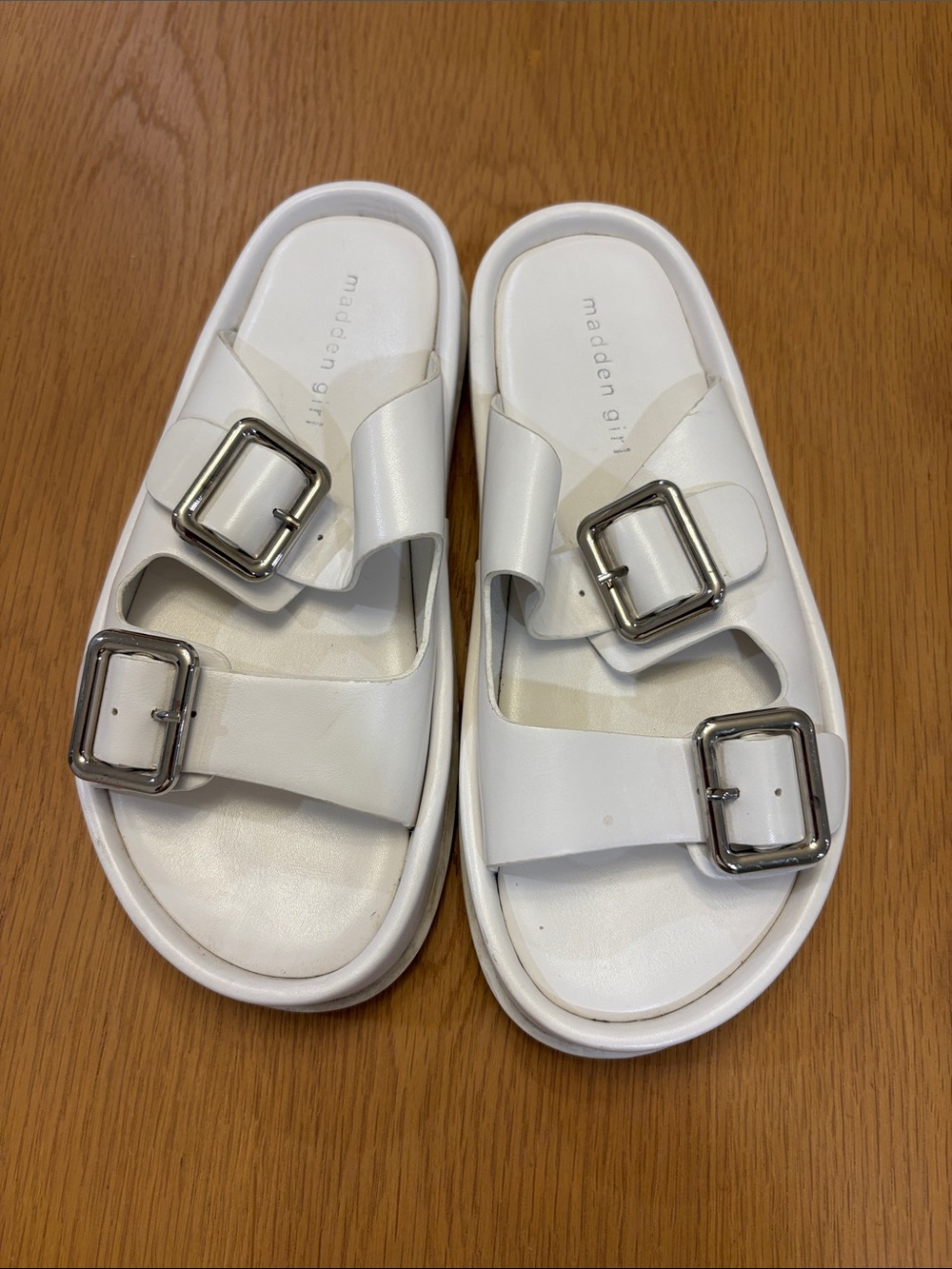 Madden Girl White Double-Strap Platform Slide Sandals with Silver Buckles